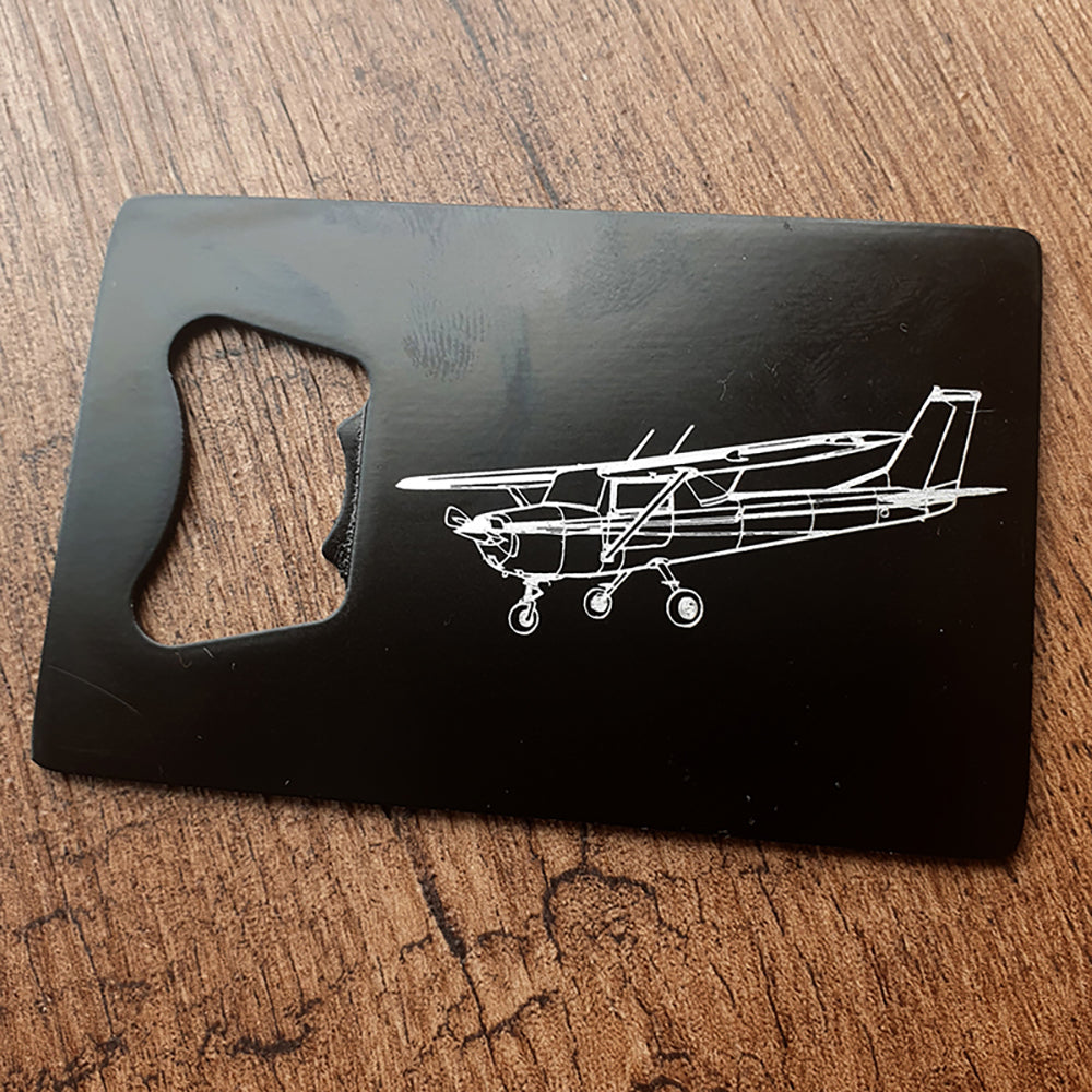Cessna 152 Artwork engraved on black bottle opener