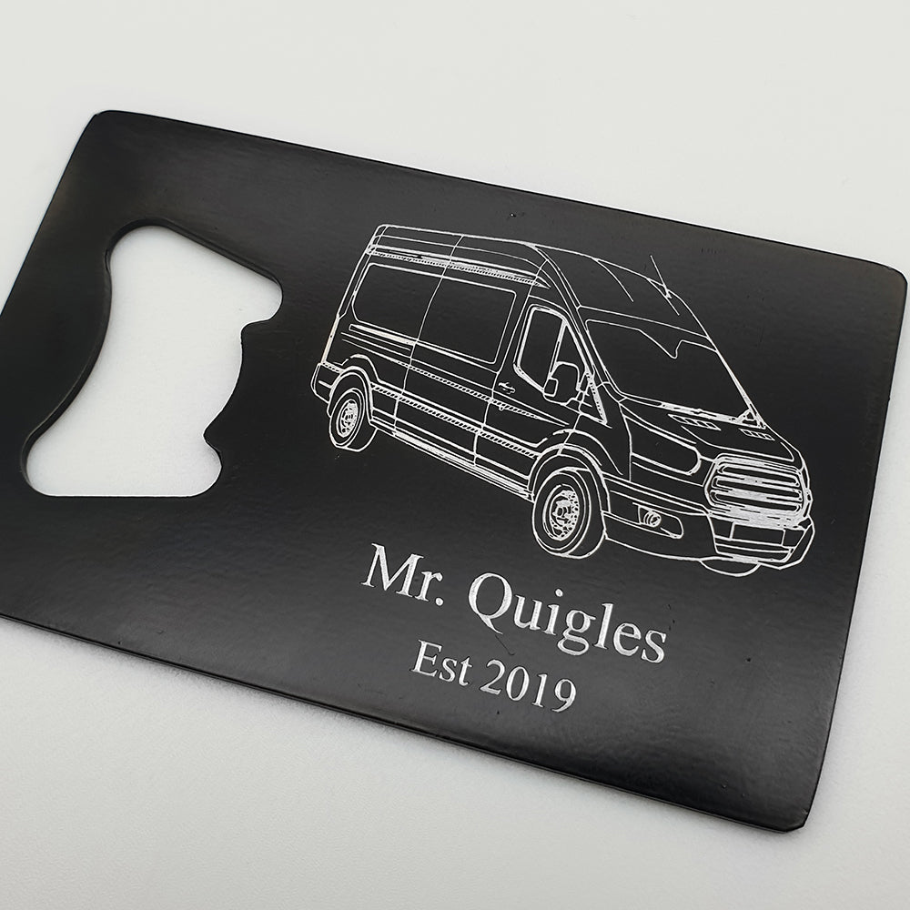 Transit Van design on Personalised Black Bottle Opener on a white background