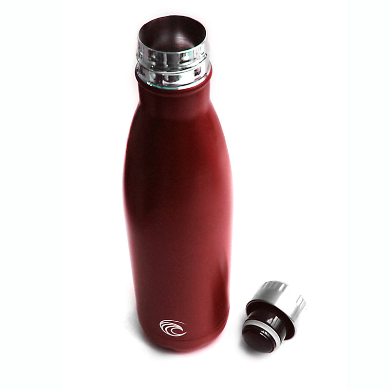 Red insulated bottle with silver cap on a white background