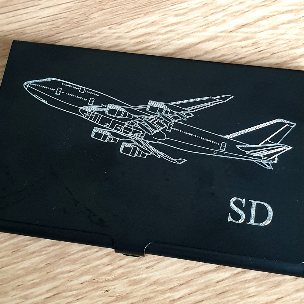 Boeing 747 Artwork engraved on black business card case ith Initial with additional initials