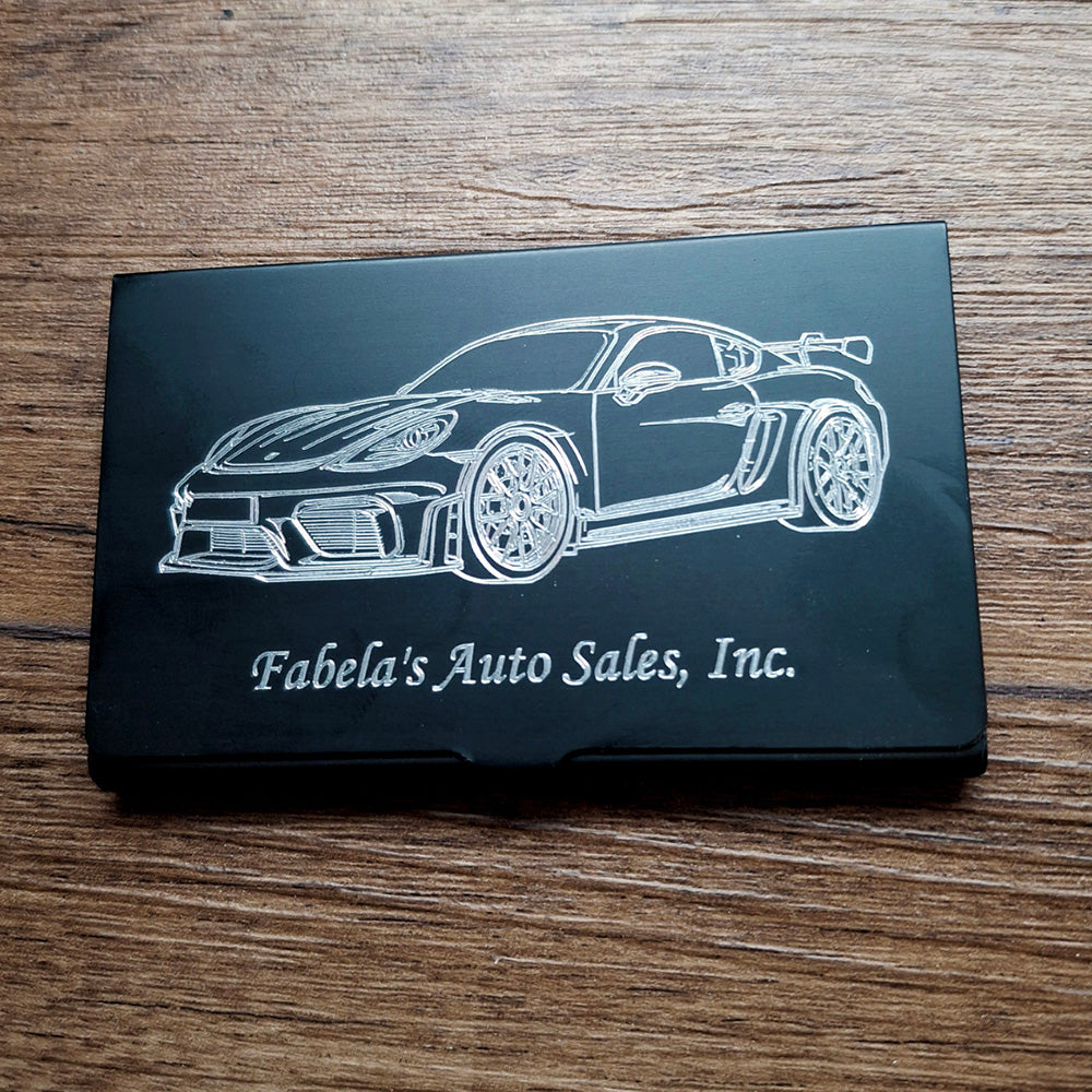GT4 Race Car engraved on Black card Holder Case with business name underneath.