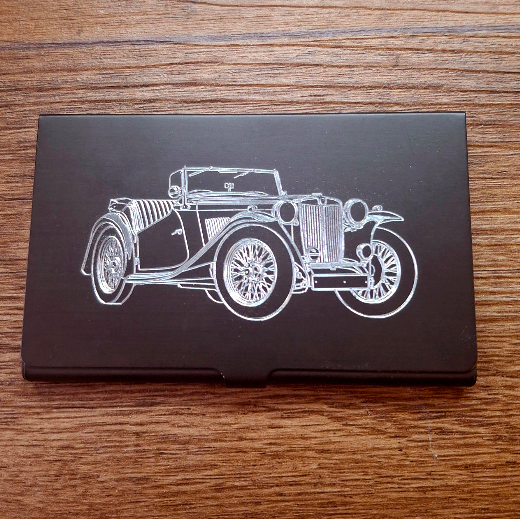 Vintage MG TC 1946 Car Engraved on Black business Card Case