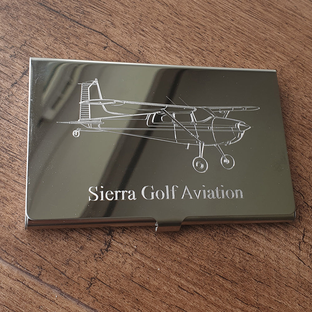 Cessna 180 Aircraft Engraved on Steel card Holder with personalisation underneath.