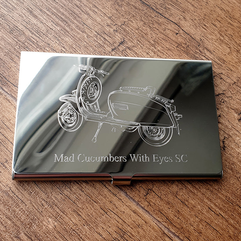 Silver Steel Card holder with Lamb Scooter artwork on the front