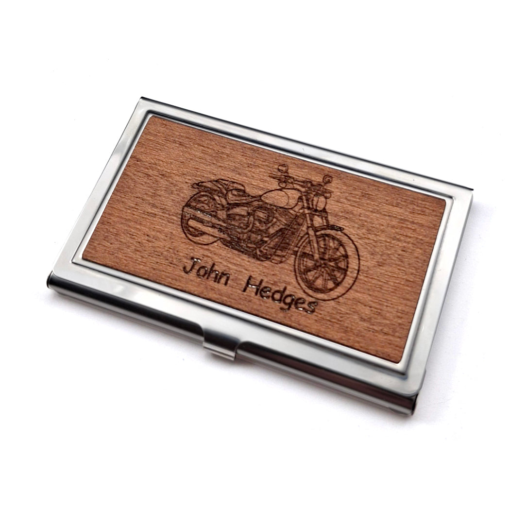 Steel and Wood Card Holder with HD Breakout Motorcycle artwork engraved on the front.