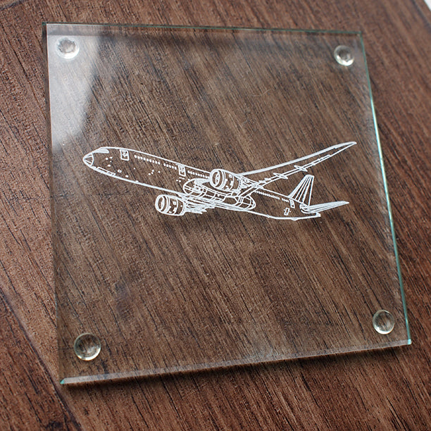 Boeing 787 Dreamliner aircraft engraved on a square glass coaster