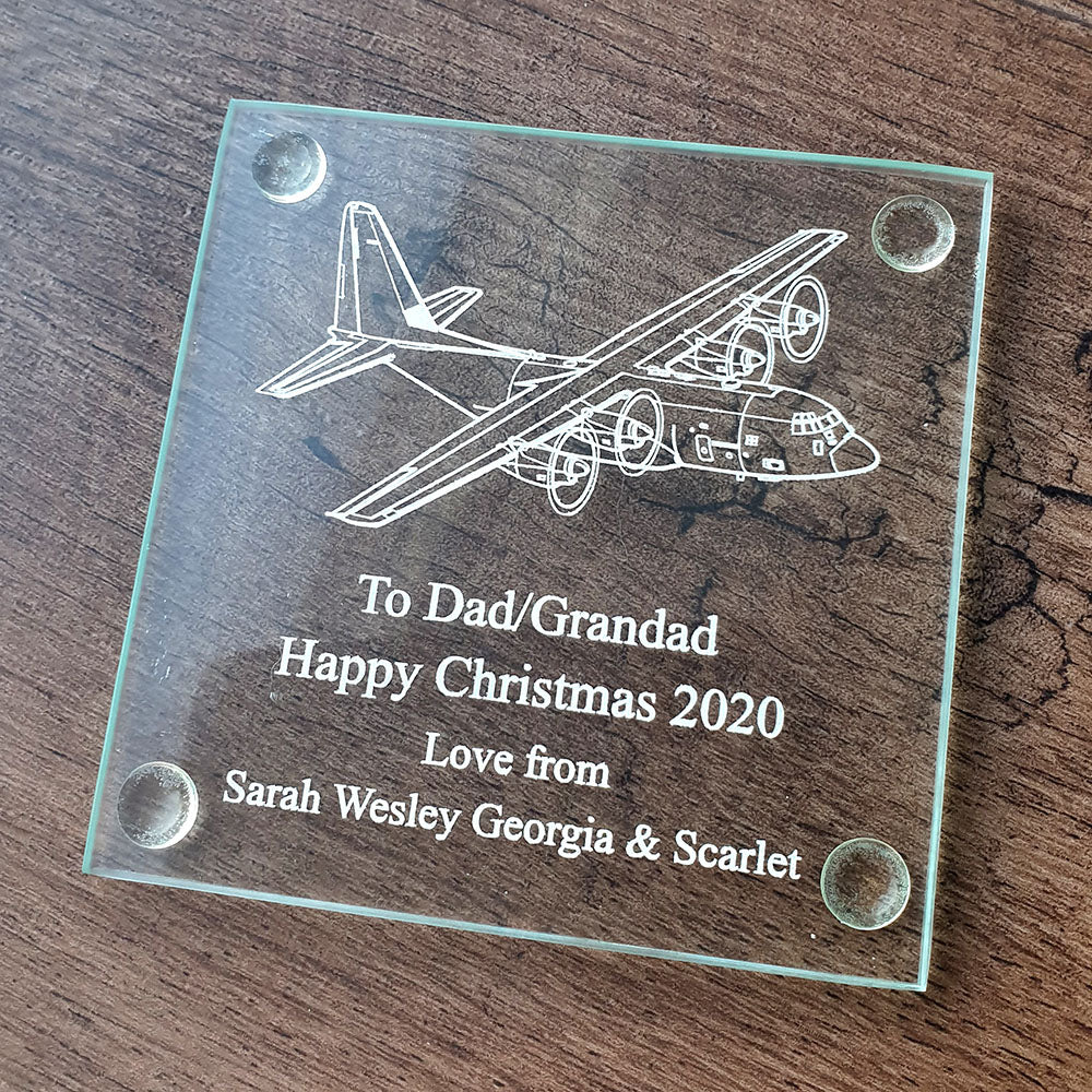 Our C130 Hercules Aircraft artwork engraved on a square glass coaster with Happy Christmas text for Dad - Grandad