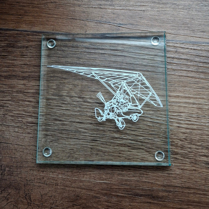 Glass coaster engraved with Pegasus Microlight Trike artwork