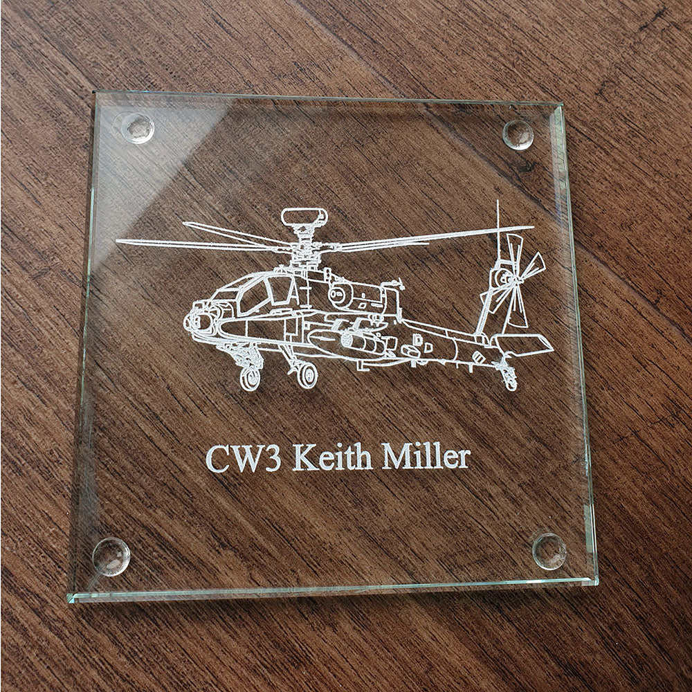 Glass drinks coaster with Apache helicopter engraving and text 'CW3 Keith Miller'