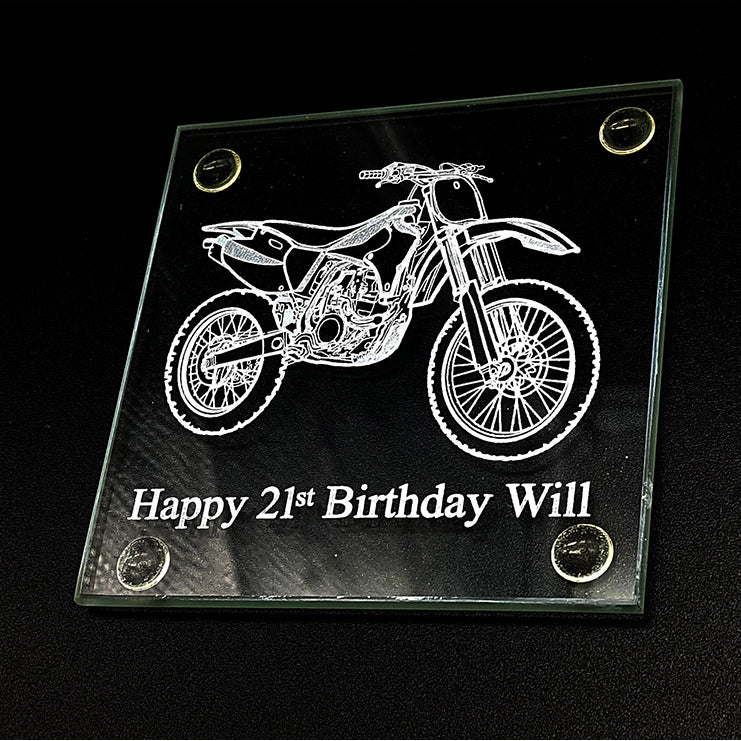 Square glass Birthday drinks coaster with motocross dirt bike engraved