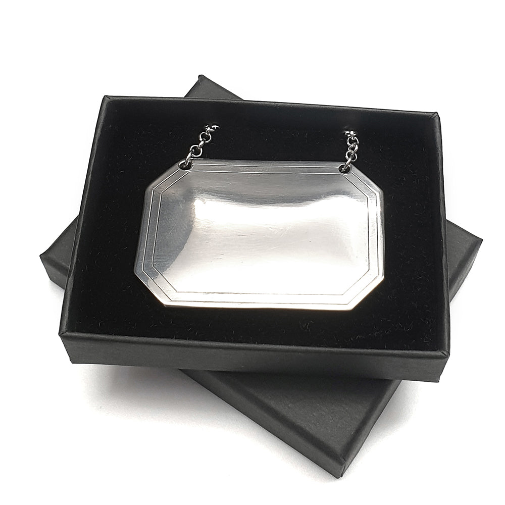 Handmade Pewter Decanter Wine Bottle Label Tag in black gift box