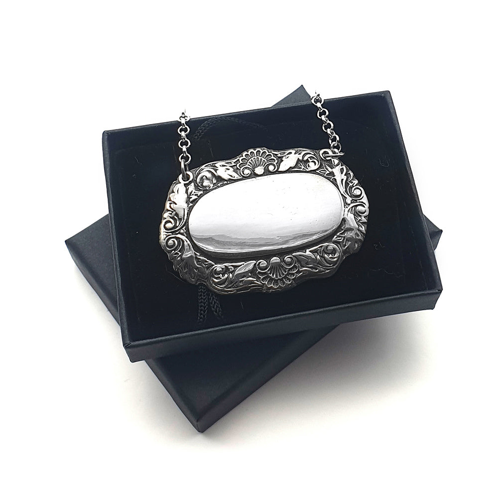 Handmade Pewter Shell Leaf Decanter Wine Bottle Label Tag in black gift box