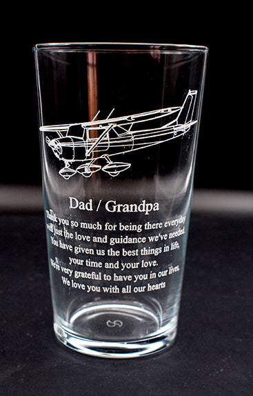 Beer Glass with Cessna 152 artwork and a message to Dad and Grandad engraved