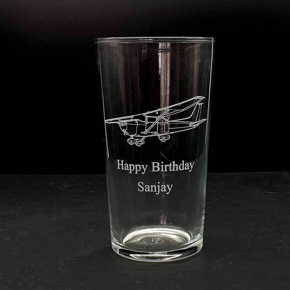 Happy Birthday beer glass engraved with a Cessna 172 aircraft artwork