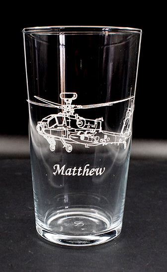 Apache artwork on a conical beer glass engraved with matthew underneath.