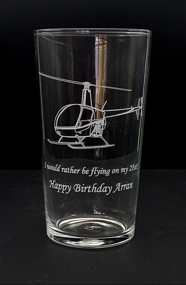 Happy Birthday Glass engraved with Robinson R22 Helicopters