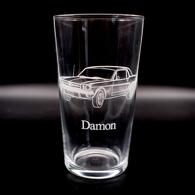 Coupe Mustang car with personalised beer glass