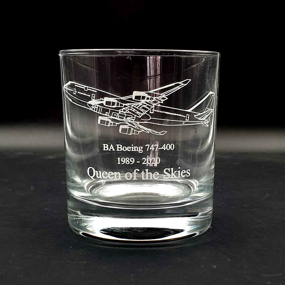 Classic Glass Tumbler engraved with our Boeing 7478 artwork and QUEENOF THE SKIES Text