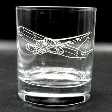 Boeing Aircraft artwork engraved on glass tumbler with 777 engraved underneath
