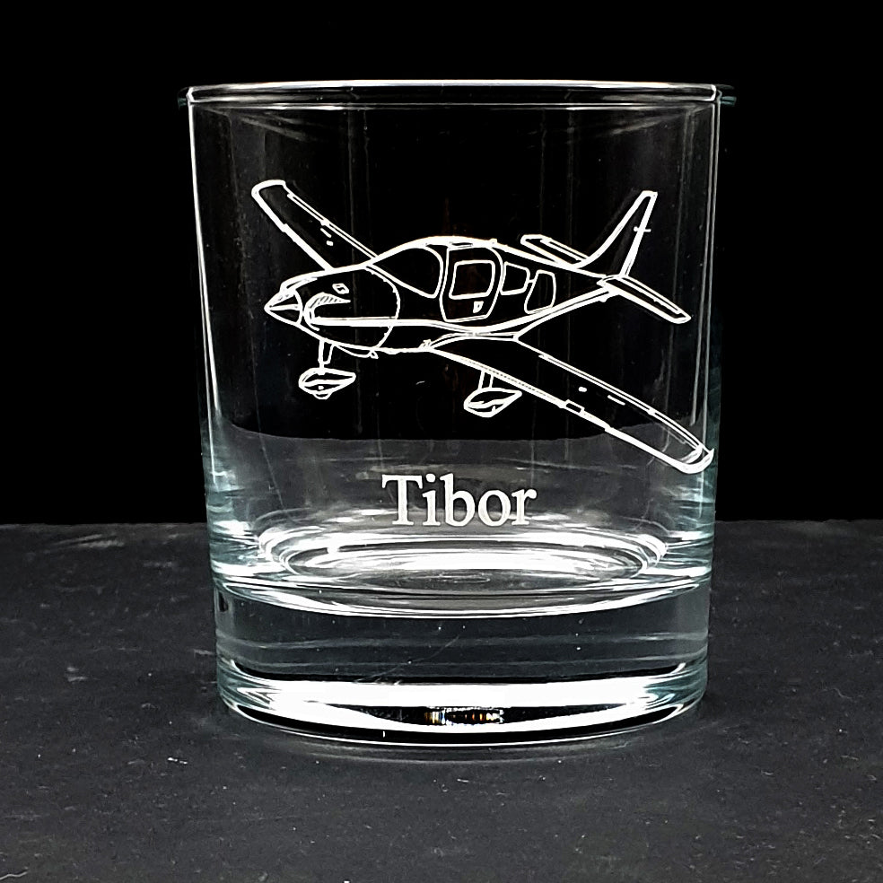 Cessna Columbia 350 aircraft engraved on a glass tumbler with 'Tibor' engraved beneath.