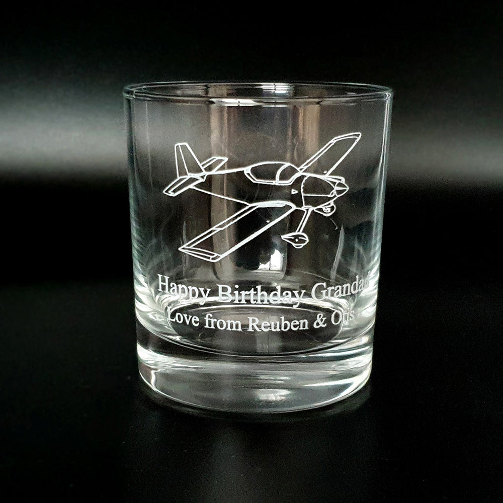 Glass Birthday Tumbler engraved with our Vans RV6 artwork and message.
