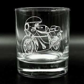 Hailwood Duke Motorcycle Engraved on a plain tumbler glass
