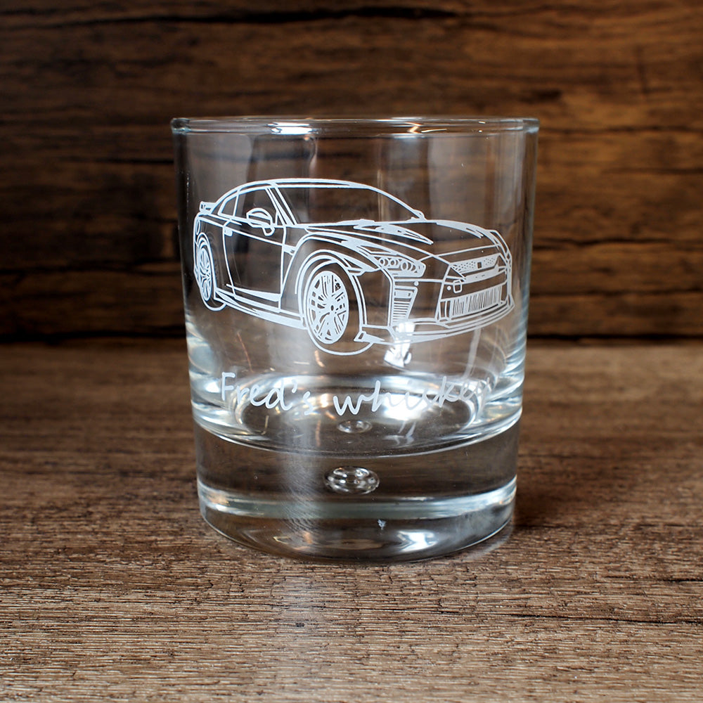 Nissan GTR Engraved on Bubble Base Whisky Glass with personalised text underneath.