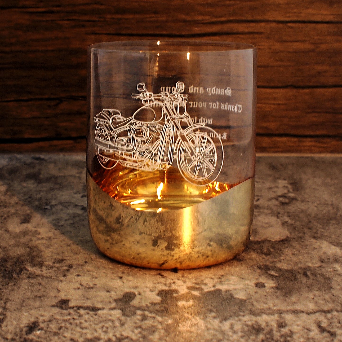 Gold Anton Wave tumbler with HD Breakout Motorcycle artwork and Text on the back | Giftware ENgraved