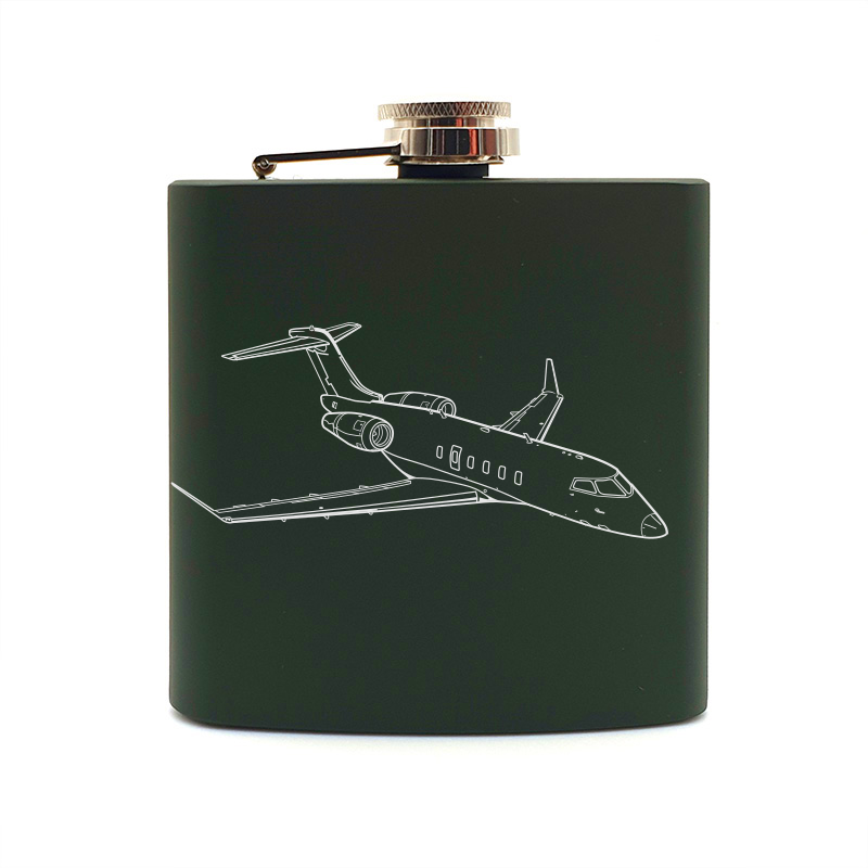 Bombardier Challanger 350 aircraft hip flask – digital engraving mockup / engraving preview