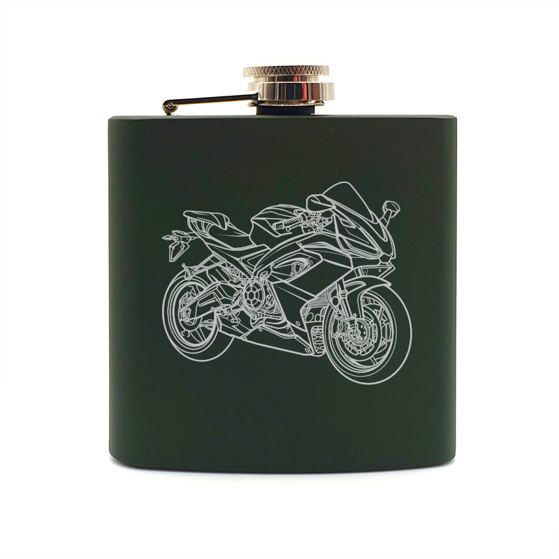 RS660 motorcycle hip flask – digital engraving mockup / engraving preview