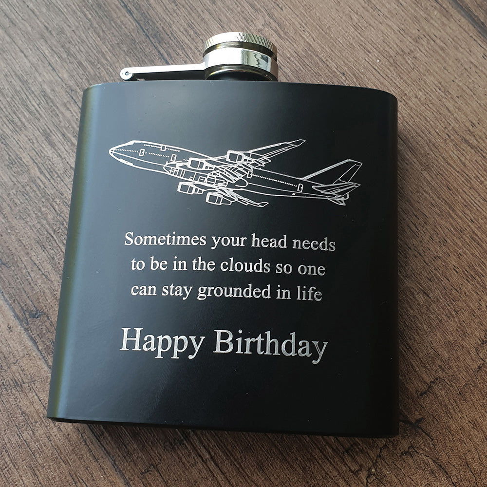 Black hip flask with Boeing 747 aircraft with personalised message and Happy Birthday