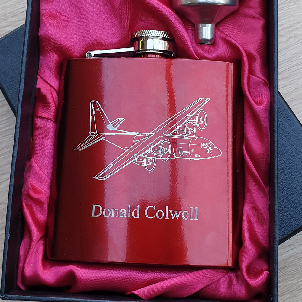 C130 Hercules Aircraft artwork engraved on a Red Hip Flask in Red Satinlined Presentation Gift Box