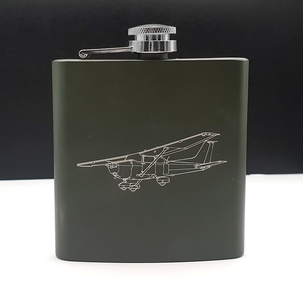 Our Cessna 172 Aircraft artwork engraved on Green Hip Flask against black background