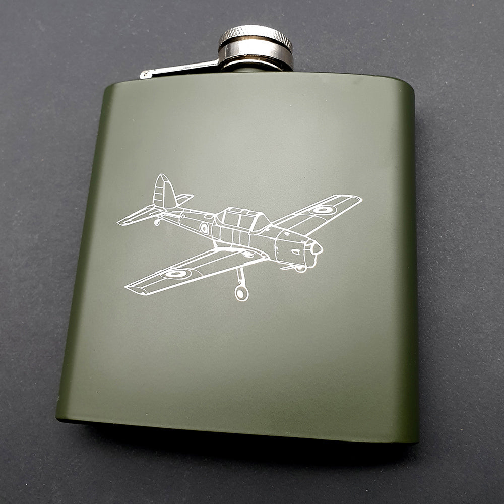 De Havilland Chipmunk aircraft artwork engraved on Green Hip Flask against a black background