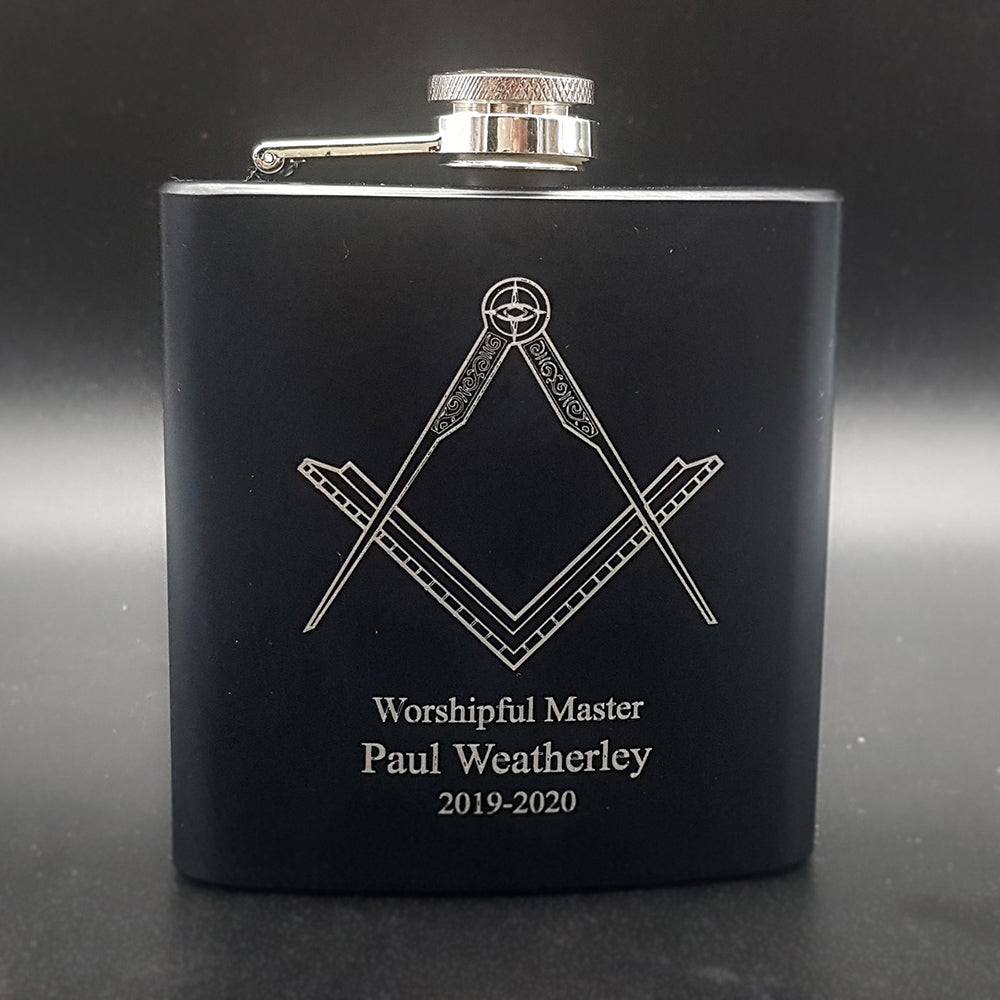Masonic Set Square and compass engraved on Black Hip Flask with additional personalisation