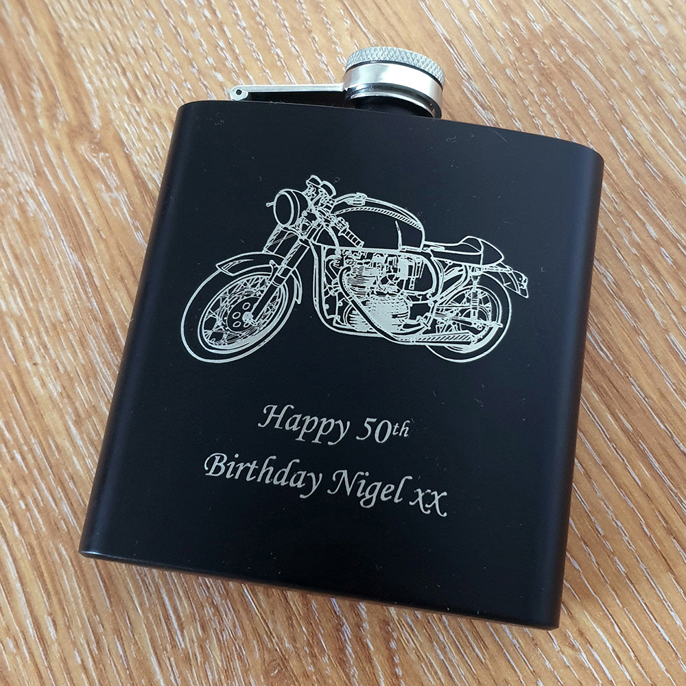 Café Racer artwork with 50th birthday message engraved on Black hip Flask
