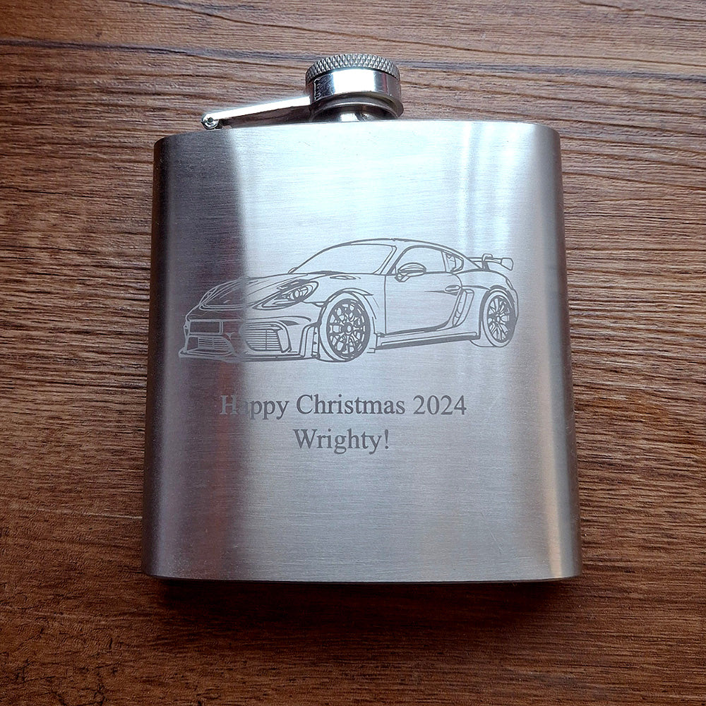 GT4 Race car Design engraved on a personalised Silver hip flask.