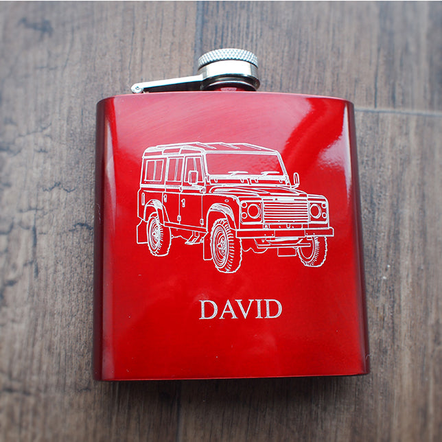 Red Hipflask Personalised with a Land rover design and the name "David" underneath