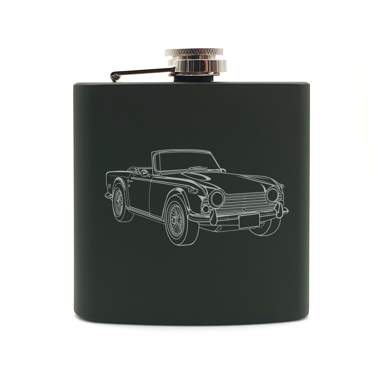 TR250 classic car hip flask – digital engraving mockup / engraving preview