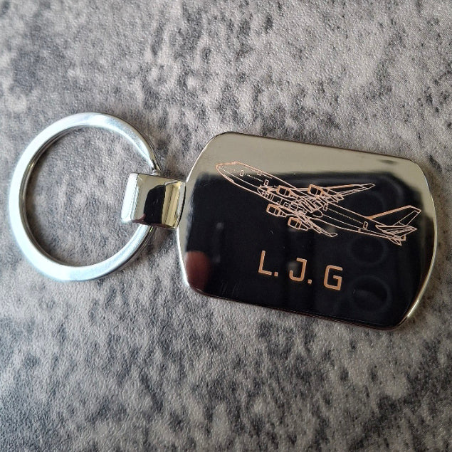 Our Boeing 747 aircraft artwork engraved on a silver dog tag shaped keyring