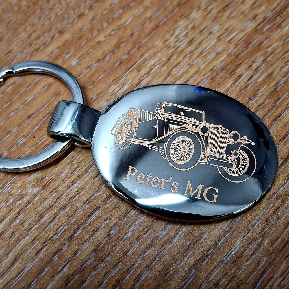 1946 MG TC Car artwork engraved on a silver oval keyring