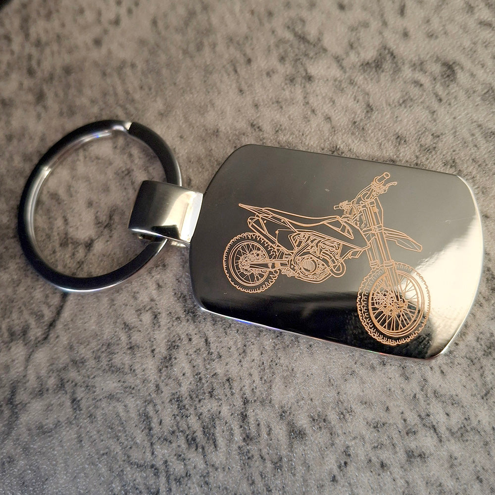 KTM SFX350 Motocross bike engraved on a dog tag shaped keyring