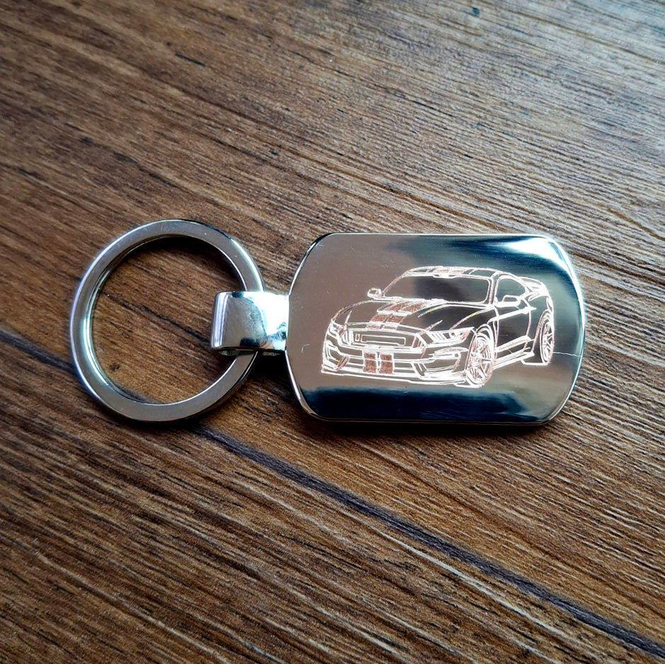 Shelby Mustang engraved on a dogtag keyring