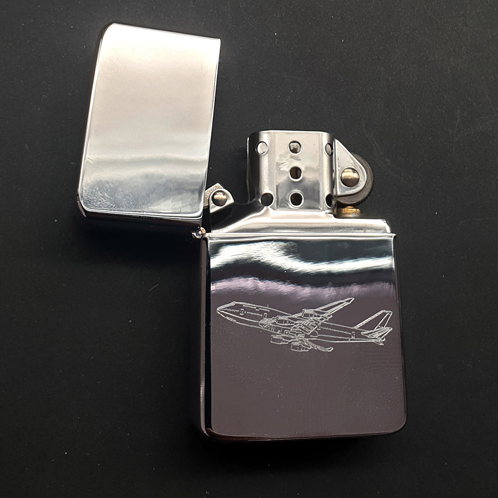 Boeing 747 aircraft artwork engraved on silver chrome lighter