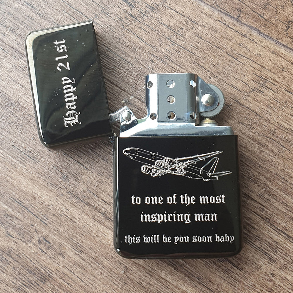 21st Birthday petrol lighter engraved with our boeing 777 aircraft artwork