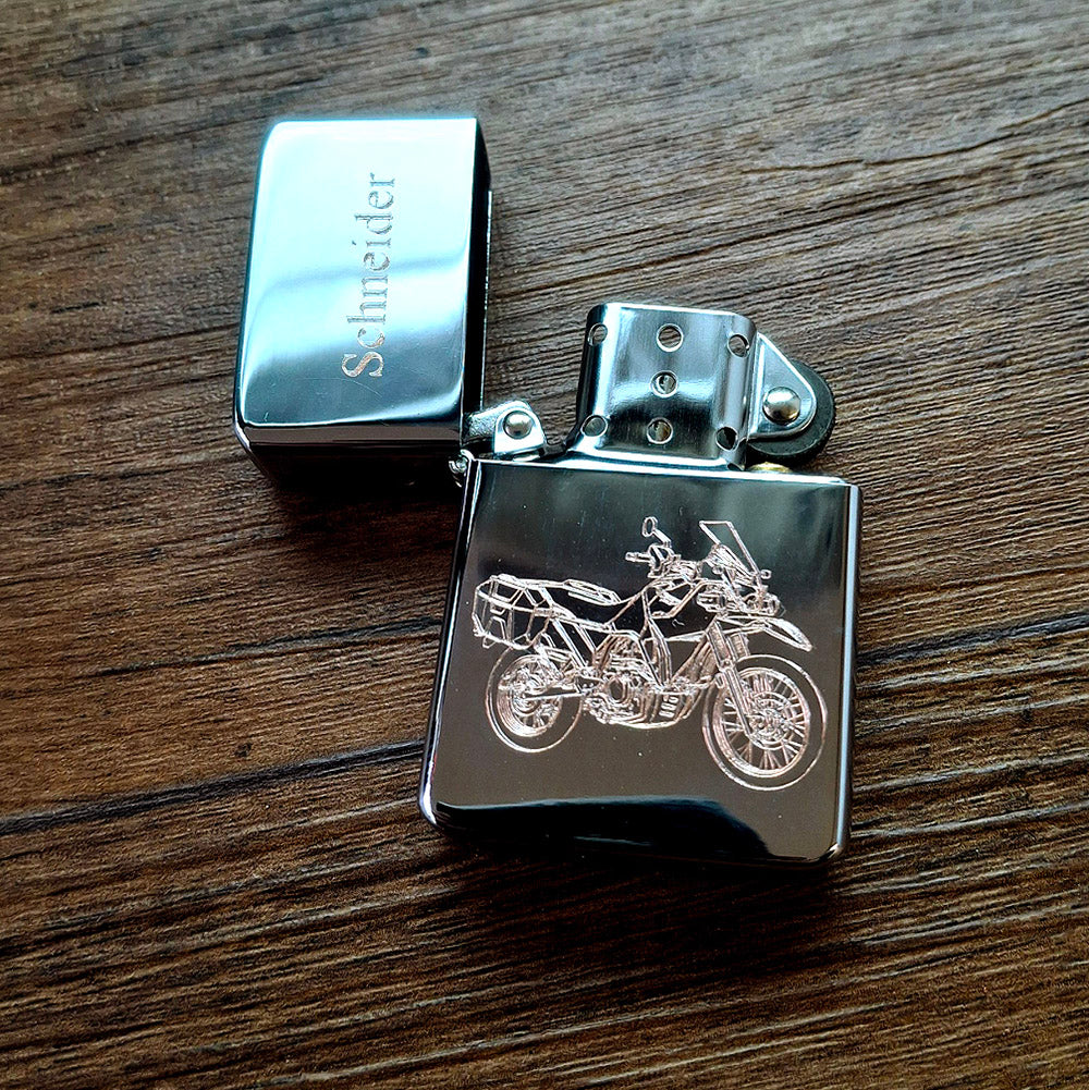 KLR650 enduro motorcycle engarved on Chrome Silver lighter