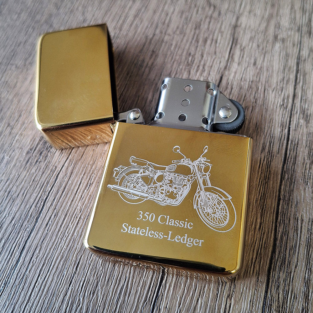 Our Royal Enfield Classic 500 motorcycle artwork engraved on a personalised Brass Star Lighter