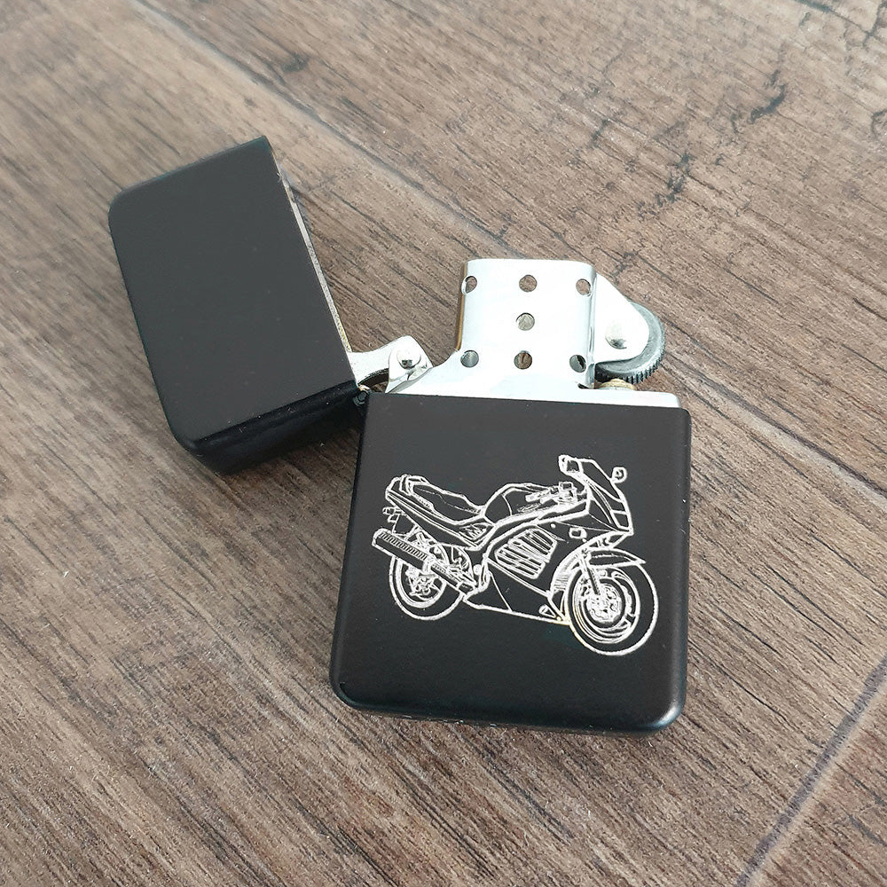 Suze RF Motorcycle engraved on matt black lighter