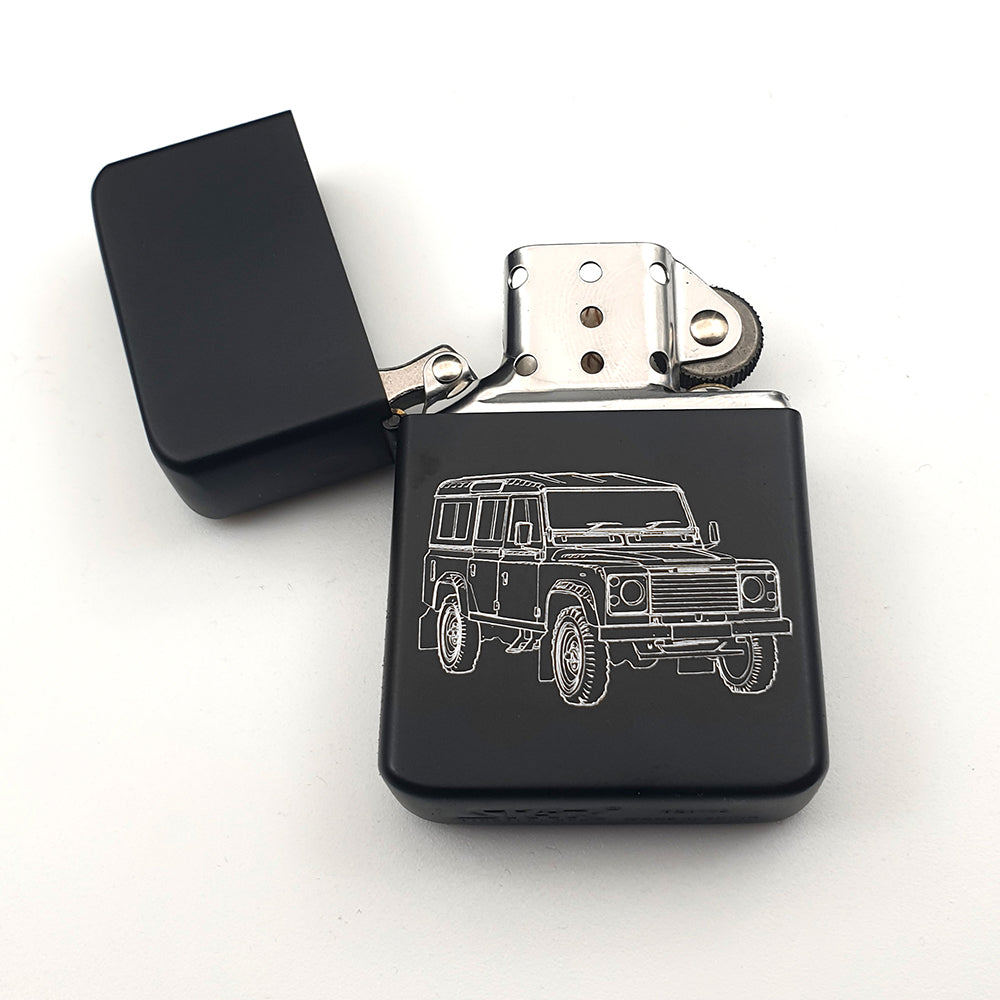 Land rover artwork engraved on black matt lighter