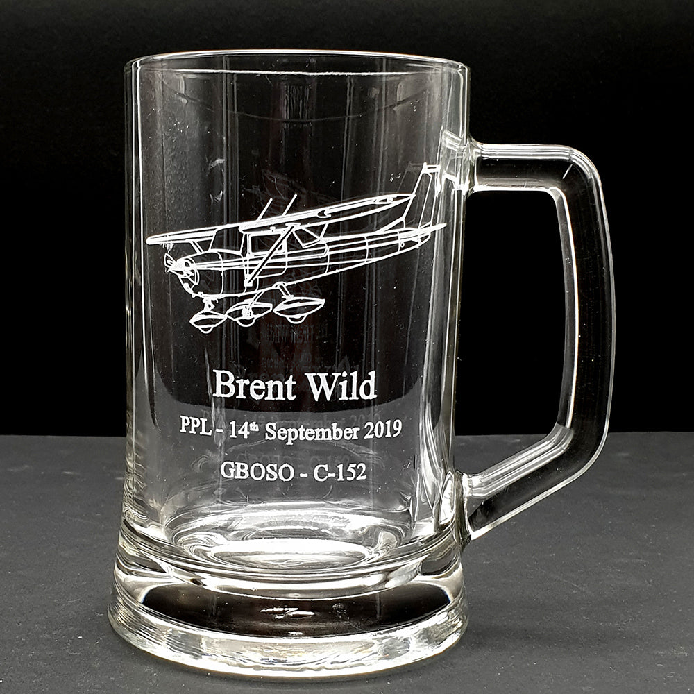 Our Cessna 152 aircraft artwork engraved on a personalised everyday glass tankard